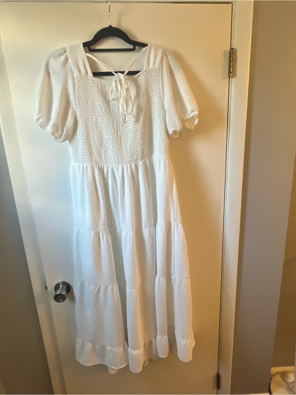 White Smocked Puff Sleeve womens Dress